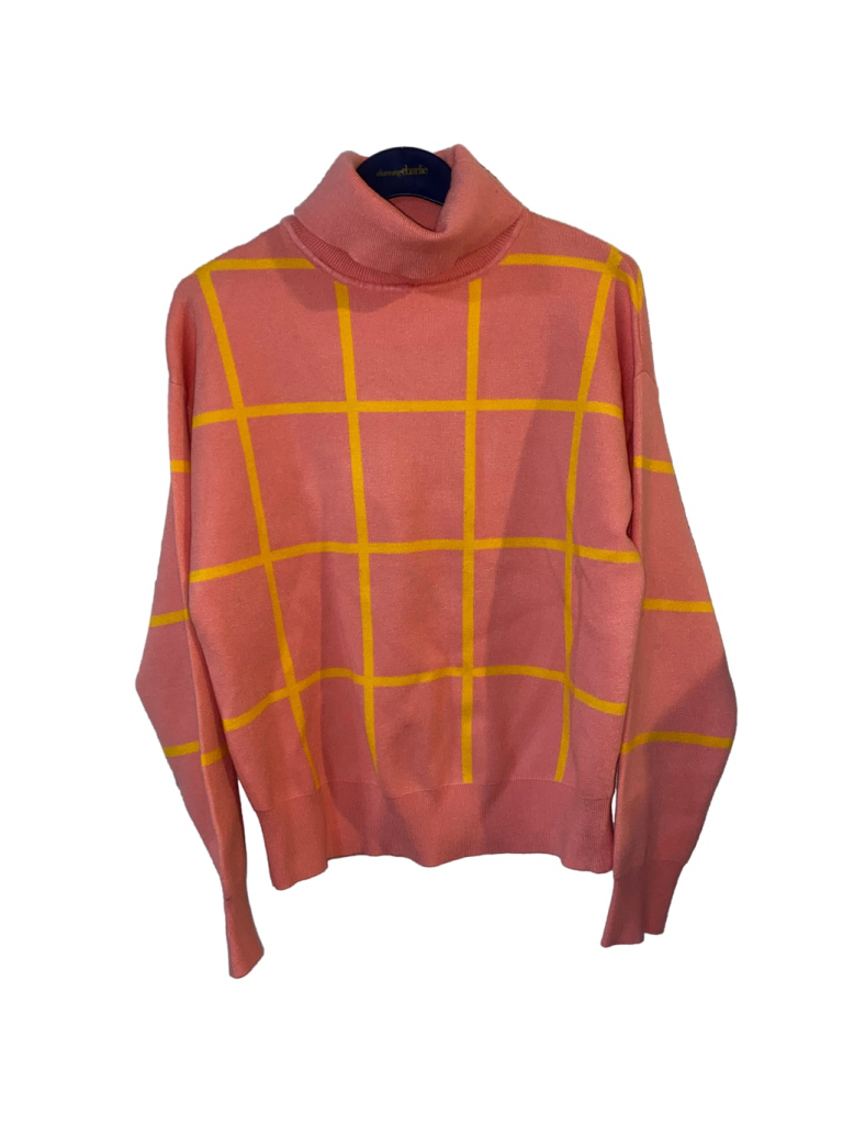 Women's Pink Lily Turtleneck Knit Sweater Size M Coral Pink Yellow Grid Pattern
